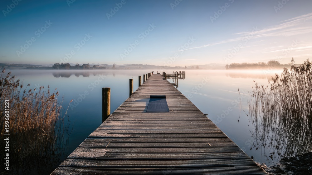 Fototapeta premium Serene Sunrise Over Mist Shrouded Lake With Wooden Dock