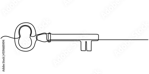 Single old key drawing in style of one continuous line black color. Self drawing, old key continuous one line drawing key continuous line vector illustration design. 