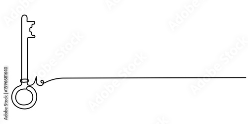 Single old key drawing in style of one continuous line black color. Self drawing, old key continuous one line drawing key continuous line vector illustration design. 