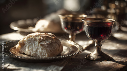 A close up of bread on a silver plate with two goblets of red wine in a dimly lit setting