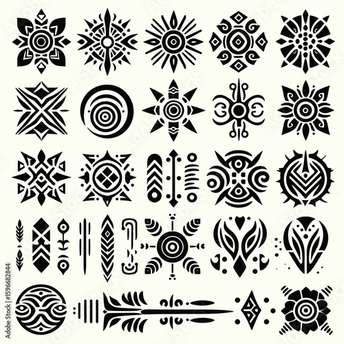 Collection of tribal and geometric patterns representing culture and artistry on a light background