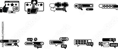 Collection of user interface elements in black and white depicting reviews and feedback with stars and comments
