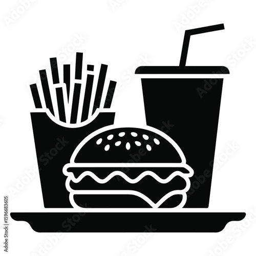 Burger on tray with fries and drink, black and white fast food combo silhouette vector illustration