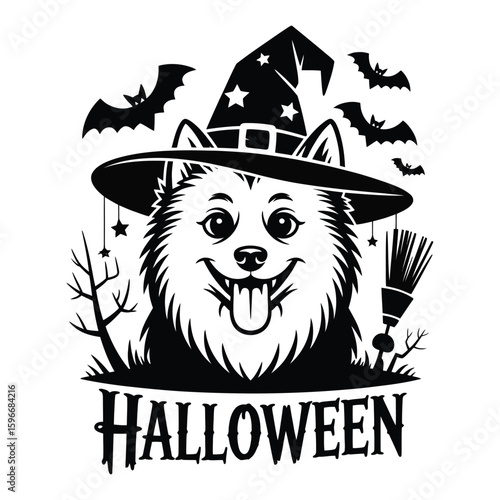 Halloween-themed silhouette of American Eskimo Dog wearing witch hat, festive black and white vector illustration