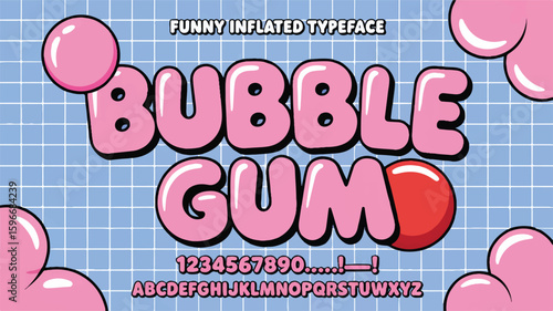 Pink bubble gum typeface with numbers and letters font