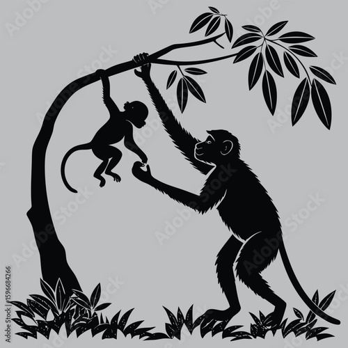 Vervet monkey playing with baby silhouette vector design art and illustration