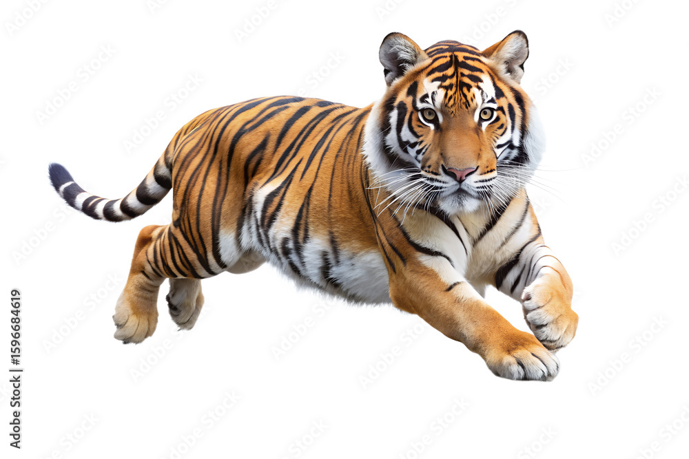 Obraz premium A majestic tiger in midstride, showcasing its powerful build and striking stripes isolated on transparent background