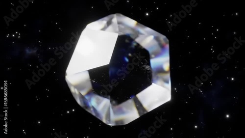 Crystal diamond shape floating in space with stars background  