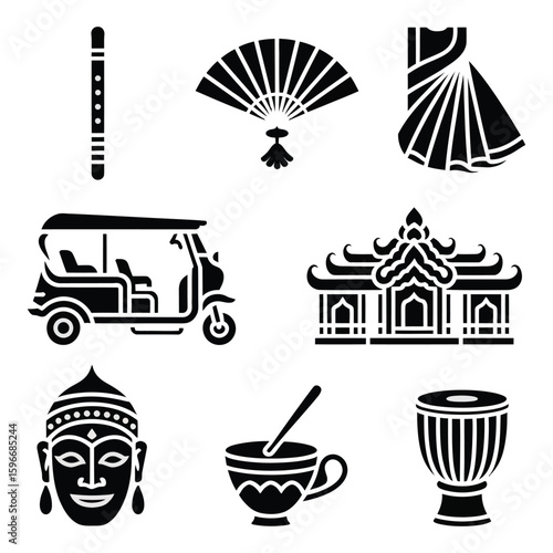 Black silhouette icons of Asian cultural elements and transportation flute sari