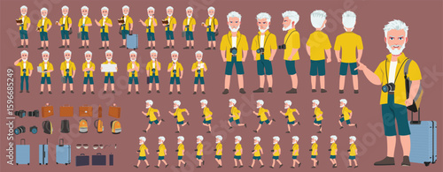 Traveler character model sheet, Character poses, expressions, Walk cycle, Run cycle animated character sequences.