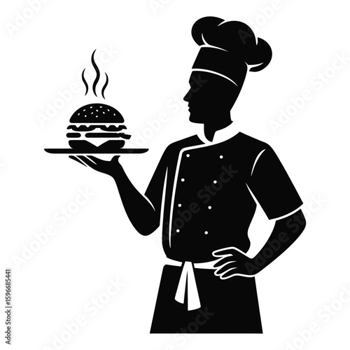 Silhouette of a chef holding a burger platter in hand, isolated black and white vector illustration