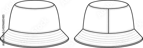 Stylish White Bucket Hat Front Back View Technical Fashion Flat Sketch Vector Illustration Isolated On White Background With Outline Dashed Stitching, Unisex Trendy Summer Accessory Design Element
