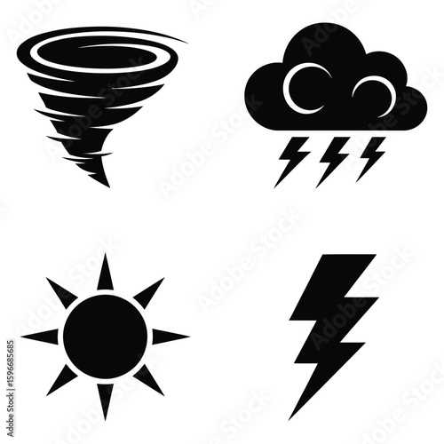 Black weather icons tornado cloud rain lightning sun bolt hurricane cyclone