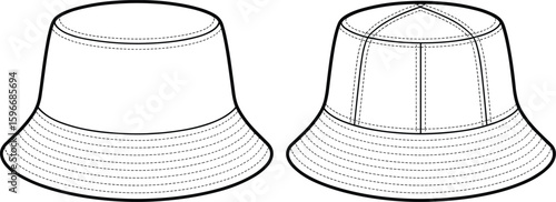  Detailed White Bucket Hat Front Back View Technical Fashion Flat Sketch Vector Illustration Isolated On White Background With Outline Stitching, Trendy Unisex Design
