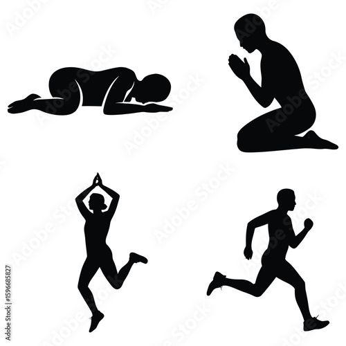Four black human silhouettes showing prayer yoga and running poses person woman