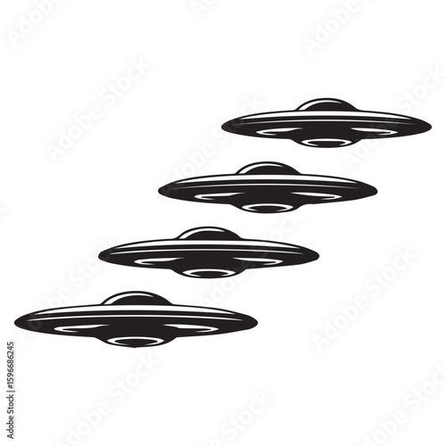 A formation of four classic flying saucer shaped unidentified flying objects or alien spacecraft descending diagonally against a white background