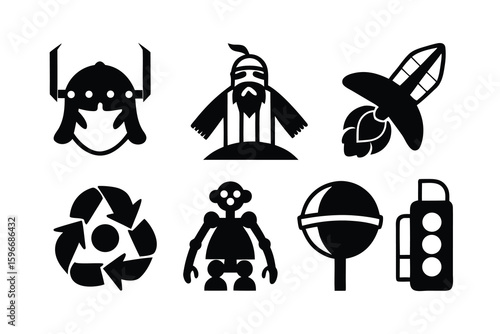 Black and white iconic silhouettes of a viking helmet a bearded man a hop cone a recycling symbol a robot and a traffic light