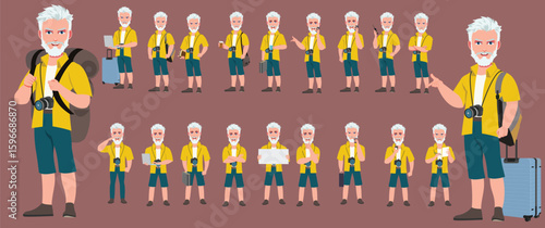Traveler character model sheet, Character poses, expressions, Walk cycle, Run cycle animated character sequences.