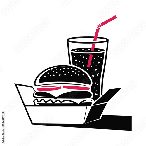 Silhouette of burger and drink with straw in takeaway combo style, black and white vector illustration