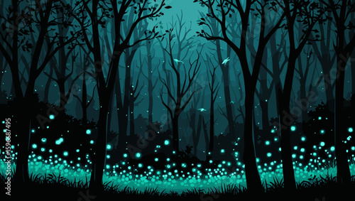 Enchanted forest illustration with glowing fireflies and dark trees representing mystery and tranquility on a twilight background