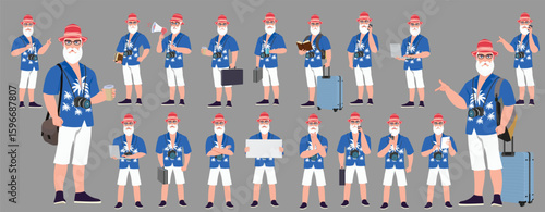 Traveler character model sheet, Character poses, expressions, Walk cycle, Run cycle animated character sequences.