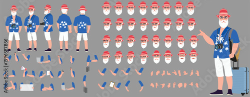 Traveler character model sheet, Character poses, expressions, Walk cycle, Run cycle animated character sequences.