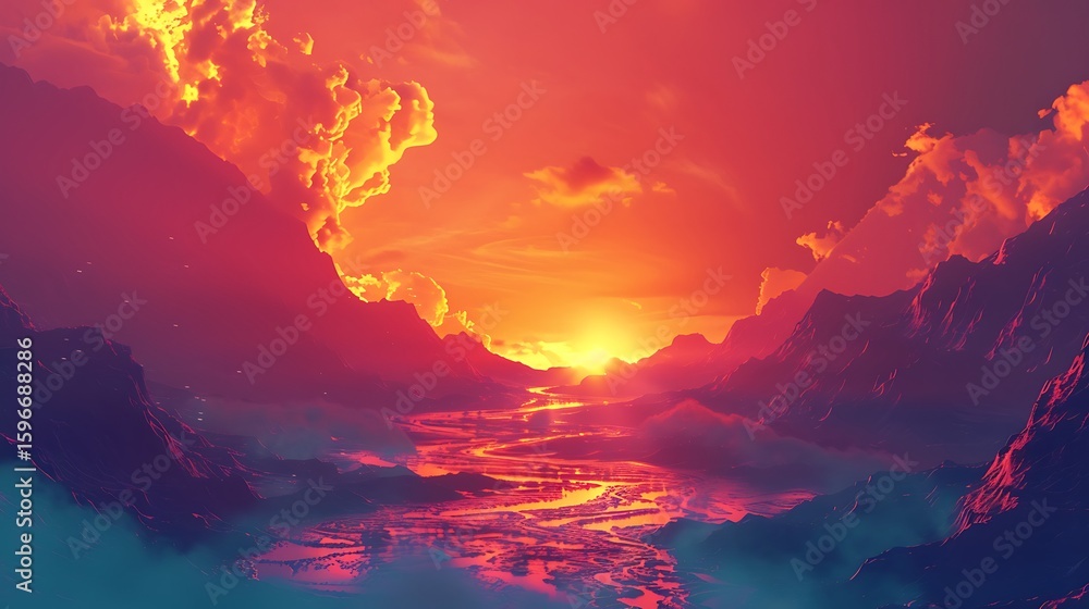 Naklejka premium A volcanic landscape with flowing lava and intense heat