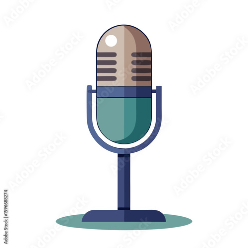 a vintage-style microphone with a rounded capsule featuring horizontal grilles, mounted on a blue stand with a circular base.
