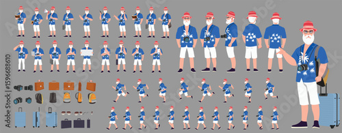 Traveler character model sheet, Character poses, expressions, Walk cycle, Run cycle animated character sequences.