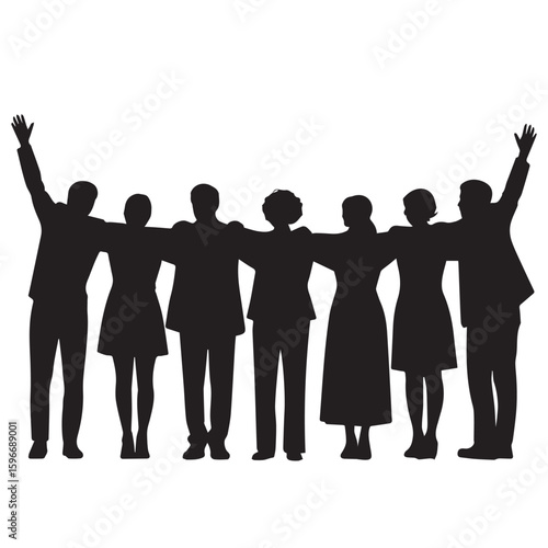 Diverse group of people standing together with arms around each other celebrating unity and teamwork in silhouette