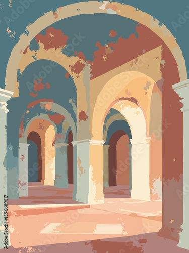 Foligno, Italy – Palazzo Trinci frescoed loggia in fresco blue, ochre, ivory, and brick red