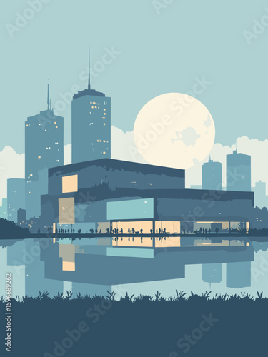 Rho, Italy – Modern exhibition center skyline in steel gray, glass blue, corporate white, and midnight navy