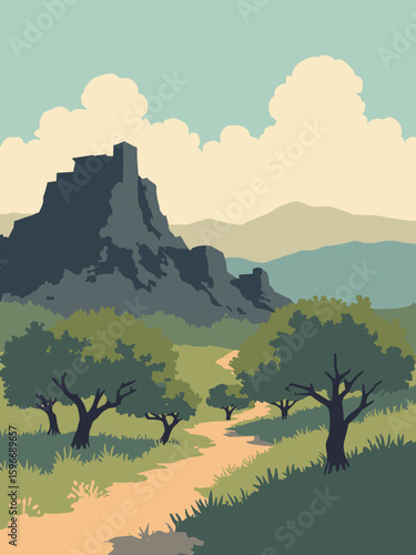 Paterno, Italy – Ancient necropolis tombs among olive groves in volcanic black, ash gray, ochre, and olive green