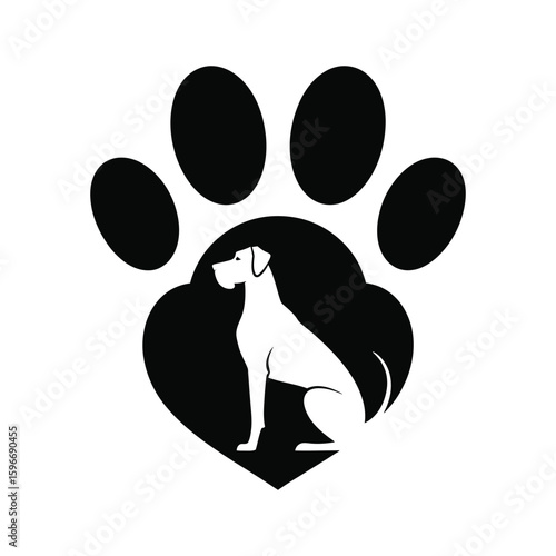 Silhouette of Great Dane inside a heart shape or paw print, pet love concept in black and white vector illustration