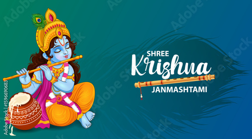 Little Kanha playing bansuri (flute) on Krishna Janmashtami festival background of India