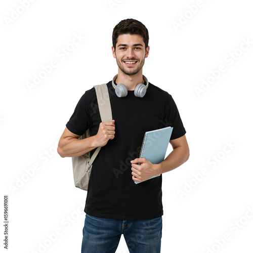 Smiling confident young man student with backpack and headphones holding notebook on isolated transparent background.