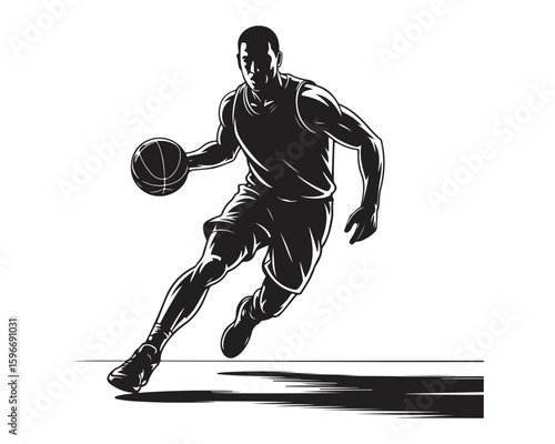 Black and white silhouette of a basketball player dribbling