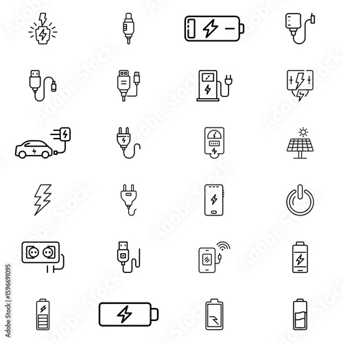 Collection of charging and energy related icons featuring batteries and power sources in a grid format