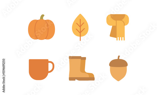 Autumn icons collection: cozy elements featuring pumpkin, leaf, and acorn