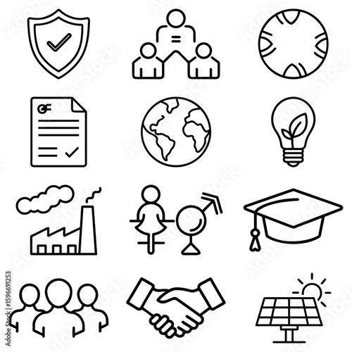 Collection of various outline icons representing security, teamwork, earth, and education icons