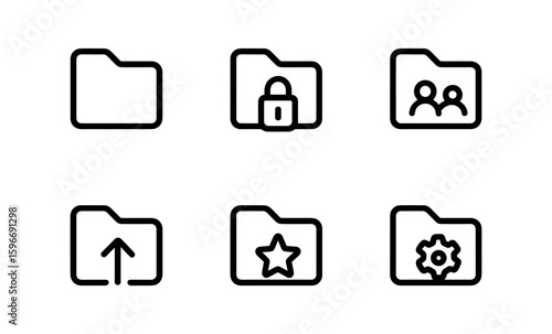 Minimalist folder icons: security, sharing, uploads, favorites, settings, team