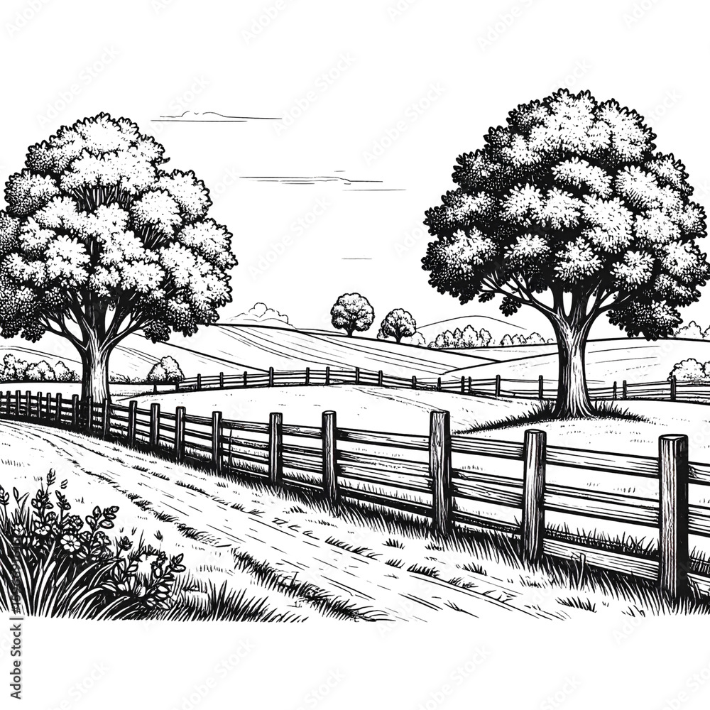 Fototapeta premium Landscape with trees, field, and fence in black and white engraving style vector illustration By slowbuzzstudio