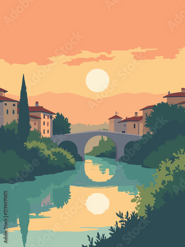 Cascina, Italy – Arno riverbank at sunset in bridge gray arches, river green water, orange sky, olive green trees, and terracotta rooftops