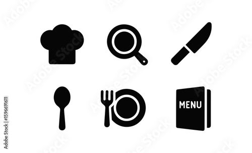 Culinary icons: kitchen tools and menu in bold silhouette design