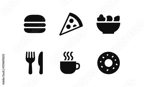 Silhouette icons of fast food and dining essentials in black and white