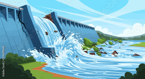 A broken dam with water rushing down and trees in the river