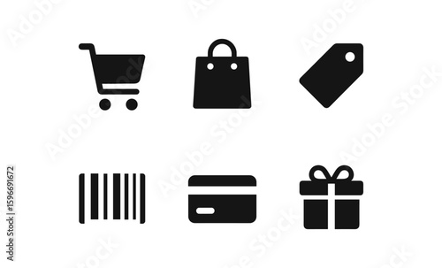 Shopping silhouette icons: cart, bag, tag, barcode, card, gift