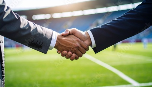 Businessmen shaking hands on a football field, conveying partnership, diversity, and sports deal.