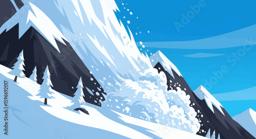 Avalanche descends a snowy mountain slope with blue sky above