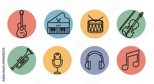 Collection of musical instruments in simple line art icons.
